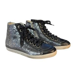 PRIMABASE Forma Women's High Top Silver Sequin Leather Sneakers Size 7.5